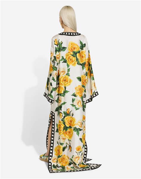 kaftan dolce gabbana|Silk caftan with kimono sleeves and yellow rose print.